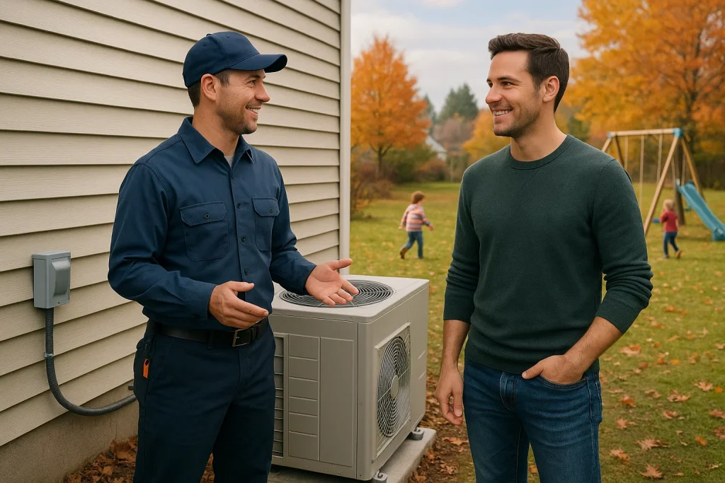 Homeowner discusses heat pump replacement options with technician in Chehalis WA backyard.