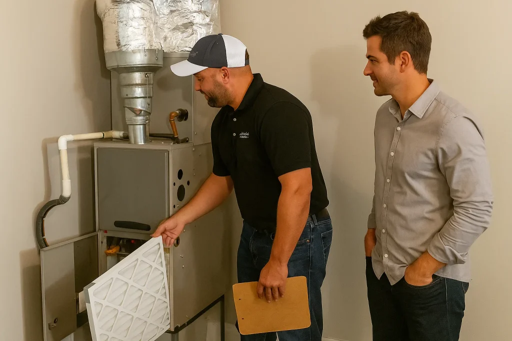 Technician replacing air filter and reviewing HVAC system with homeowner in Centralia