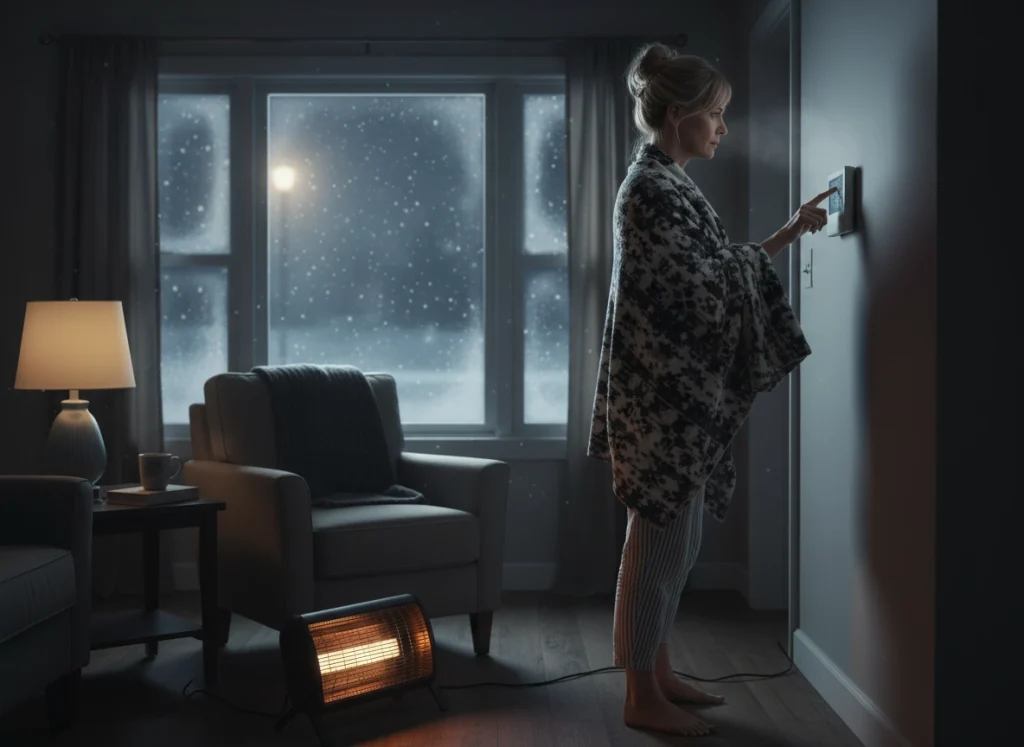 Washington homeowner wrapped in blanket checking thermostat after furnace stops at night