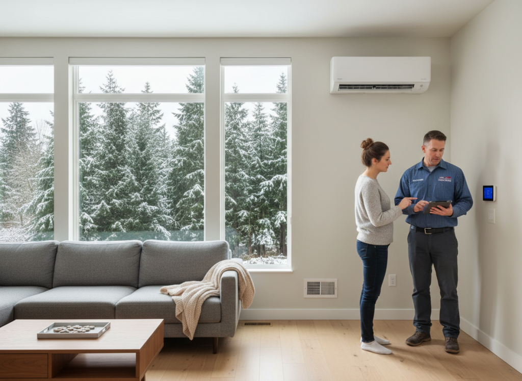 Homeowner and HVAC technician reviewing smart thermostat and heat pump system in Lacey, WA