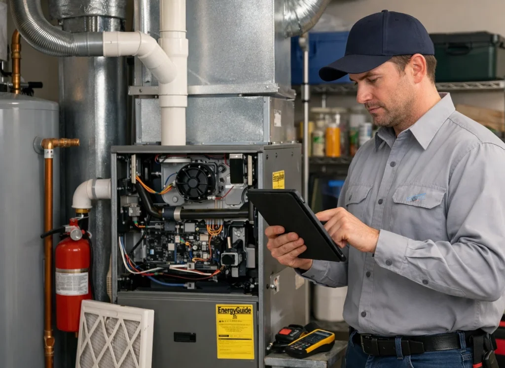 HVAC technician performing late-winter furnace maintenance