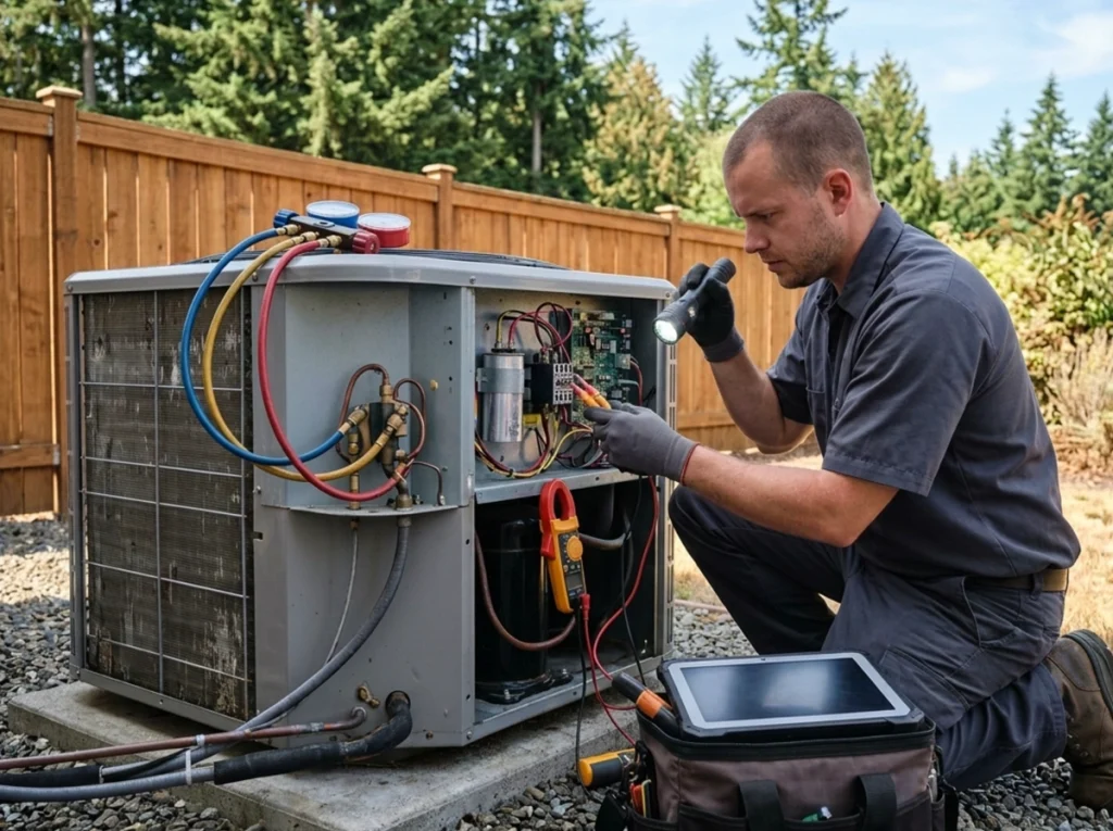 HVAC technician diagnosing emergency AC repair in Lacey