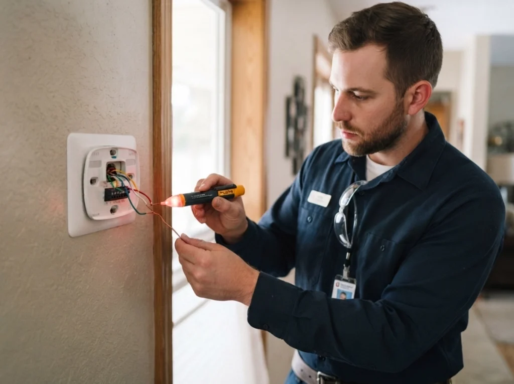 Tumwater technician diagnosing weak AC airflow and thermostat problems