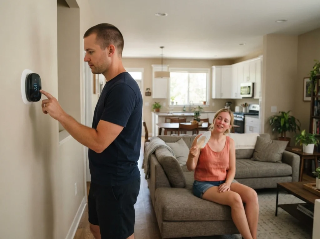 A husband trying to adjust a smart thermostat while his wife is uncomfortably hot on the couch.